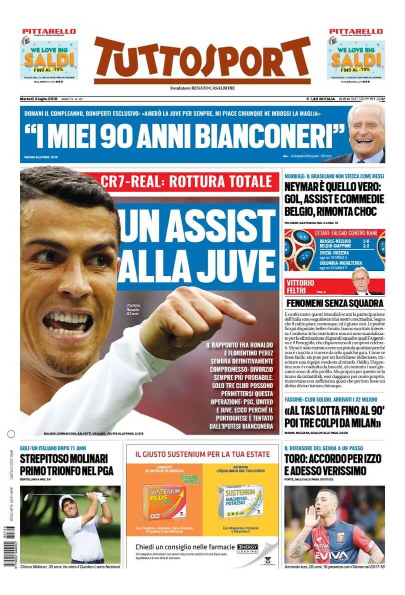 Cristiano Ronaldo alla Juventus, la prima pagina di TuttoSport