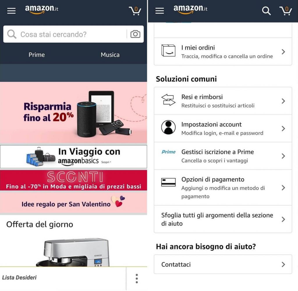 Come contattare il servizio clienti Amazon attraverso l'utilizzo dell'app