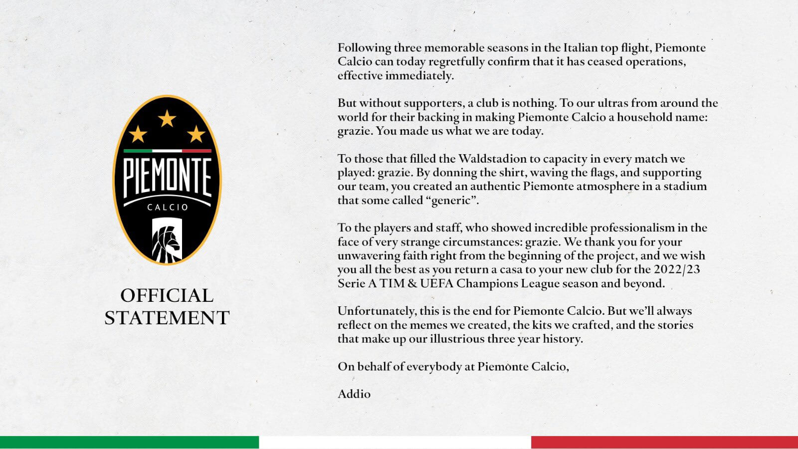 FIFA 23: Piemonte Calcio official statement